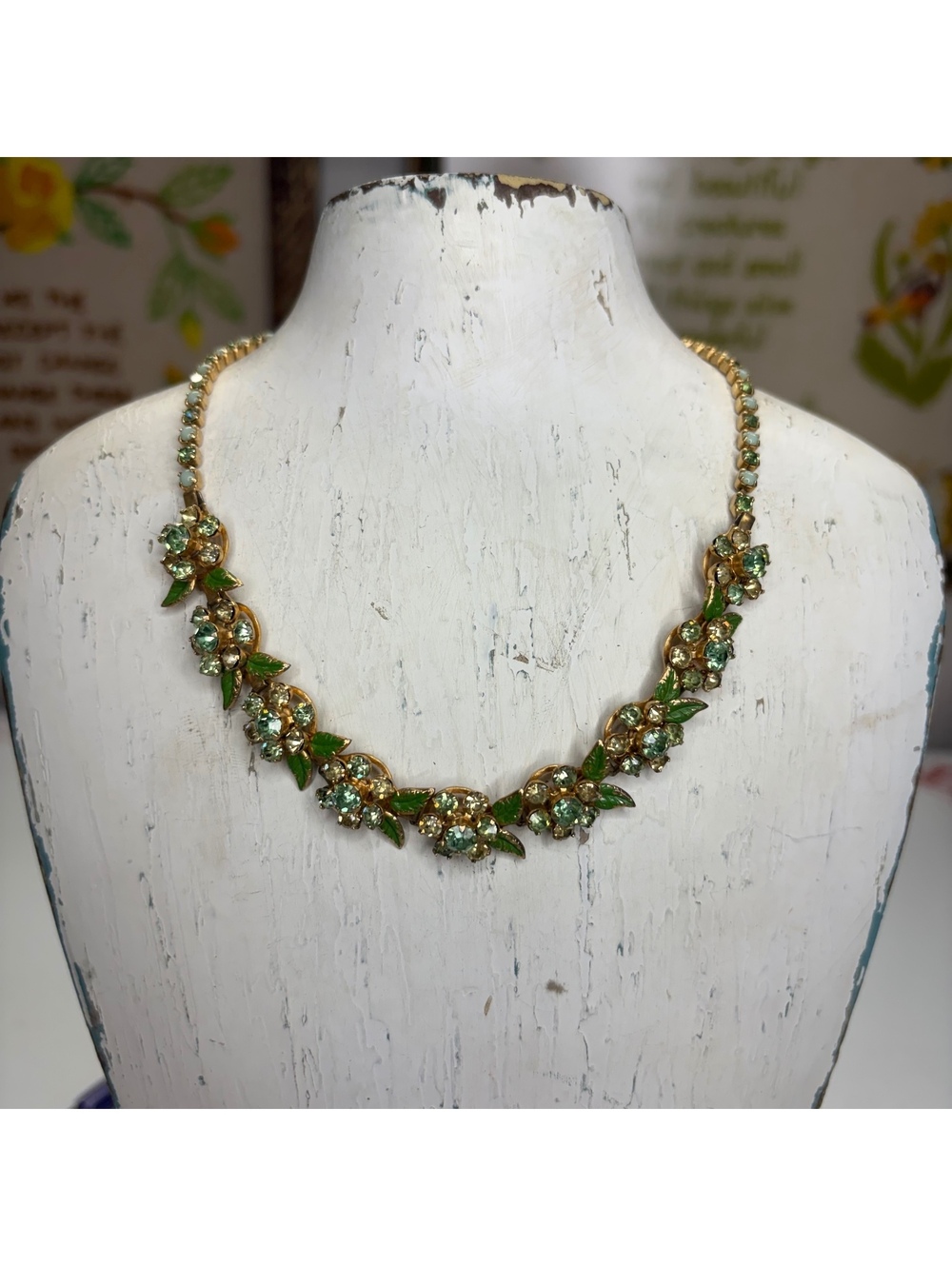 Green floral rhinestone choker necklace vintage 1950s/60s